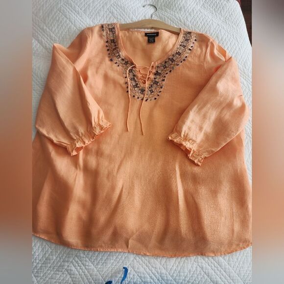 Avenue 100% linen sorbet embroidery embellish 3/4 sleeve tunic style blouse - Picture 11 of 11